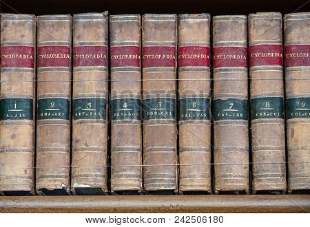Row Of Old Leather Bound Encyclopaedia Books On A Wooden Shelf