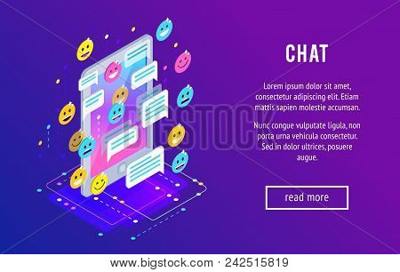 Chating. Isometric Chat Concept With Mobile Phone, Emoji Icons, Message Bubbles. Trendy Isometric Ba