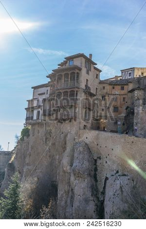 CUENCA, SPAIN, December 11, 2016 - Casa Colgadas in Cuenca, Spain is built on the edge of a cliff