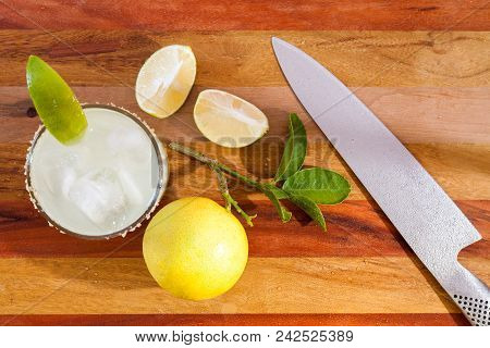 Key Lime Margarita Garnished With Fresh Lime In A Glass. Close Up. Stock Photo