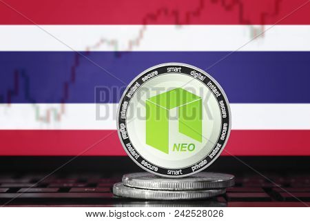 Neo Cryptocurrency; Neo Coin On The Background Of The Flag Of Thailand