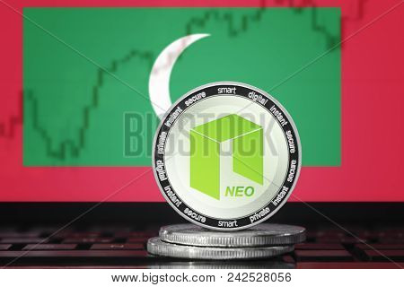 Neo Cryptocurrency; Neo Coin On The Background Of The Flag Of Maldives