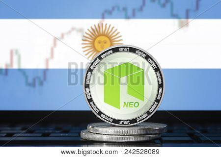 Neo Cryptocurrency; Neo Coin On The Background Of The Flag Of Argentina