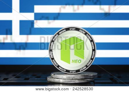 Neo Cryptocurrency; Neo Coin On The Background Of The Flag Of Greece (hellenic Republic)