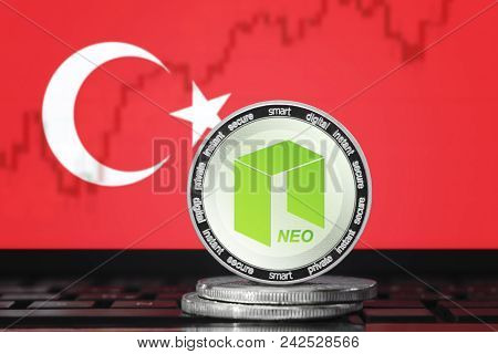 Neo Cryptocurrency; Neo Coin On The Background Of The Flag Of Turkey