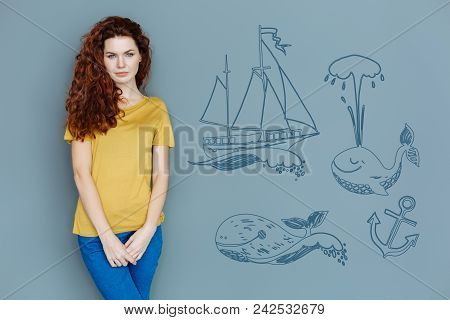 Calm Woman. Beautiful Calm Woman Standing Alone And Feeling Good While Dreaming About Travelling To 