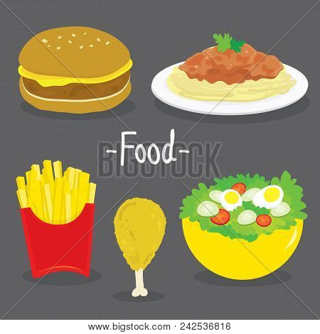 Hamburger French Fries Chicken Spaghetti Tomato Salad Food Cartoon Vector