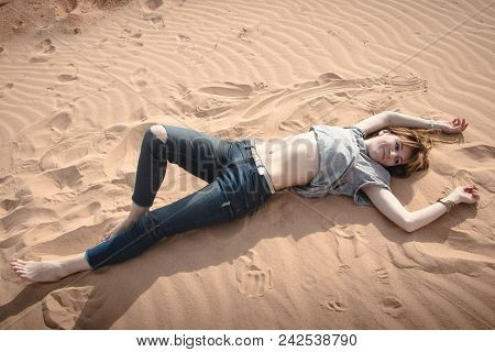 Girl Have Fun In Desert In A Summer Day
