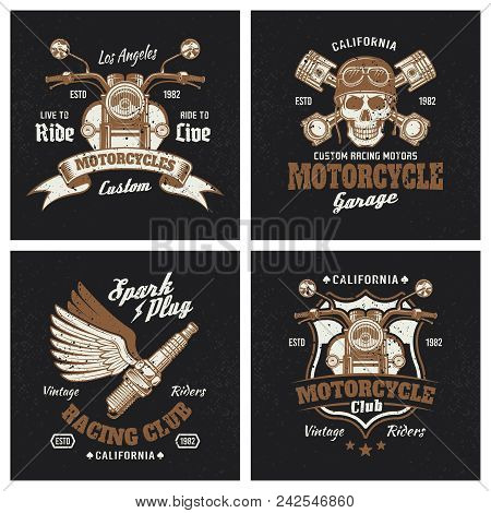 Motorcycle Colored Emblems Or T-shirt Prints On Dark Background. Set Of Four Vintage Recing Club Lab