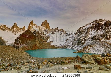 View Of Mount Fitzroy During Sunrise. Argentine Patagonia In Autumn.