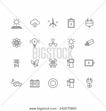 Set Of 20 Energy Industry Thin Line Icons. Solar Panel, Battery, Socket, Windmill, Lightning, Gasoli