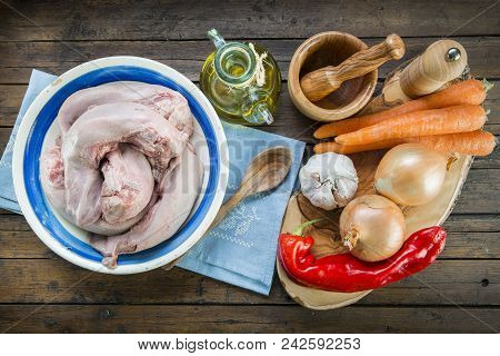 Raw Pork Tongues And Ingredients To Cook