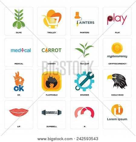 Set Of 16 Simple Editable Icons Such As, M, Dumbbell, Lip, Eagle Head, Olive, Medical, Ok, Tea Leaf 