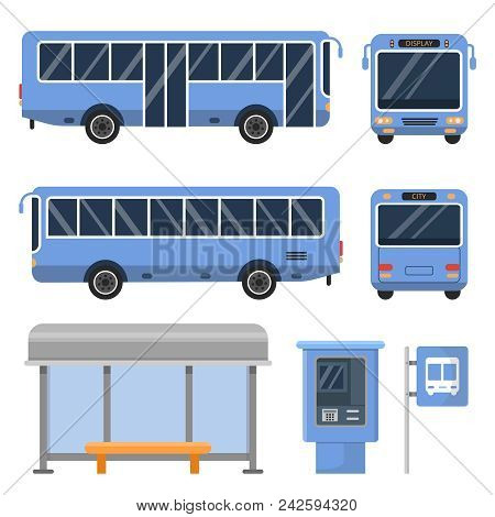Illustration Of Bus Stop. And Various Views Of Buses. Vector Transportation Urban Public