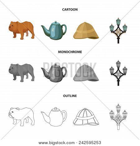 Breed Dog, Teapot, Brewer .england Country Set Collection Icons In Cartoon, Outline, Monochrome Styl