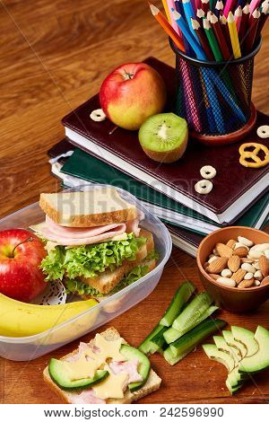 Healthy Eating Kid's Menu On School Lunch Background, Shallow Depth Of Field, Close-up.