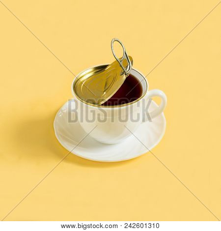Cup Of Coffee Like Open Tincan On Yellow Background. Minimal Style. Creative Idea, Imagination And F