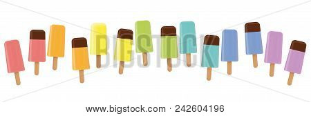 Ice Lollys. Colorful Line, Loosely Arranged, Different Flavor And Colors, Some With Chocolate Glaze.