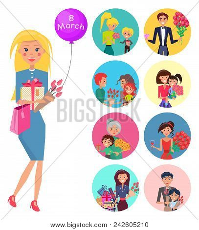 Elegant Blond Woman In Suit With Tulips, Pink Bag, Giftbox With Bow And Baloon. Small Portraits Of P