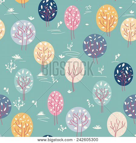 Seamless Background With Stylized Trees. Forest Bright Pattern.