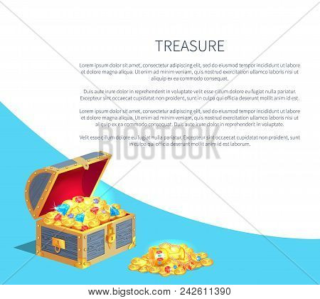 Treasure Poster With Wooden Chest Full Of Ancient Gold Treasures. Bright Gems, Precious Jewelry And 