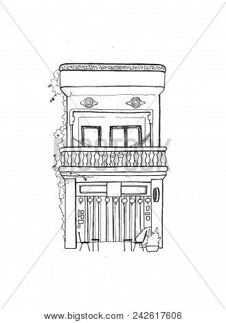Cambodian House With Bindweed Handdrawn Sketch. European Colonial Architecture. Black And White Trav