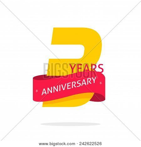 3 Years Anniversary Logo Template Isolated On White, Number 3 Anniversary Icon Label With Red Ribbon