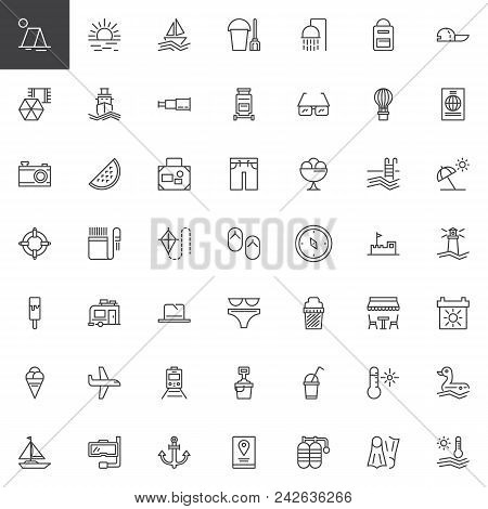 Summer And Travel Outline Icons Set. Linear Style Symbols Collection, Line Signs Pack. Vector Graphi