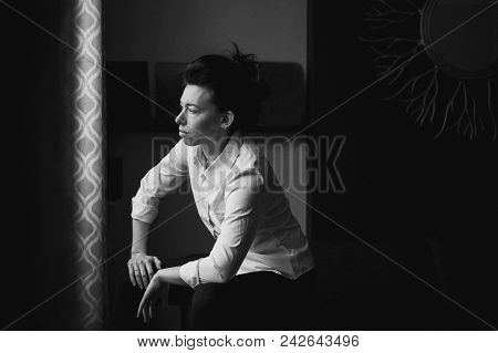 Closeup Black And White Portrait Of Beautiful Sexy Edgy Young Caucasian Woman. European Female With 