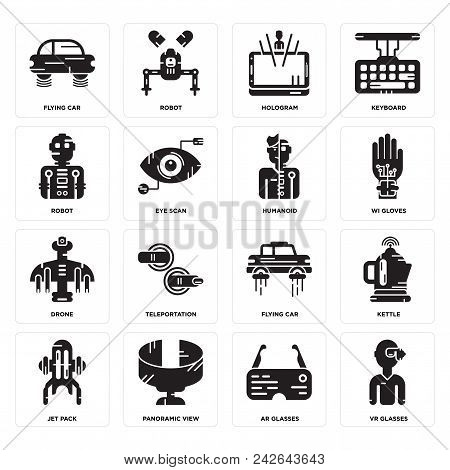 Set Of 16 Simple Editable Icons Such As Vr Glasses, Ar Panoramic View, Jet Pack, Kettle, Flying Car,