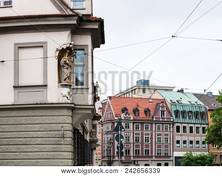 Augsburg, Germany - May 20, 2018: Statue Of A Saint In Corner House On Hoher Weg Street In Augsburg 