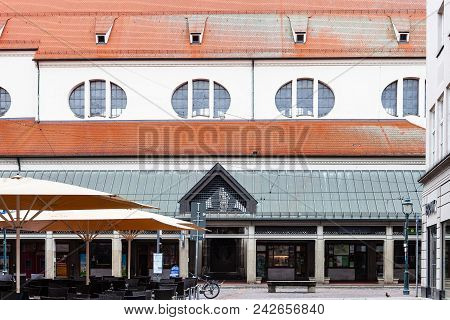 Augsburg, Germany - May 20, 2018: Shops And Cafe Near Moritzkirche (st Moritz Church) On Moritzplatz