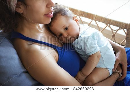Cropped View Of Attractive Caring Young Mixed Race Woman Spending Nice Time With Her Adorable Sweet 