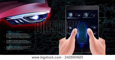 Remote Control Of The Car. Driving Via The Tablet. New Technologies Of The Future