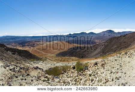 Beautiful Panoramic View On The Mountain Ridge On The Way To Altavista Refuge. Teide Mount On Teneri