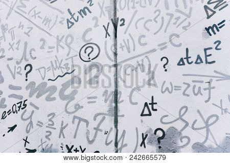 Mathematical Formulas On A White Wall, Physical Equations.