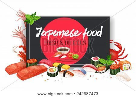 Vector Poster Japanese Food For Design Asian Cuisine Promotion Design. Sushi Bar Banner Illustration