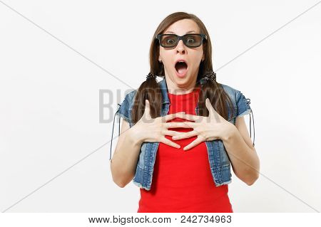 Portrait Of Young Shocked Scared Woman With Opened Mouth In 3d Glasses And Casual Clothes Watching M