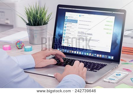 Varna, Bulgaria - January 23, 2018: Telegram Messenger On Macbook Screen. A Person Sends Messages To