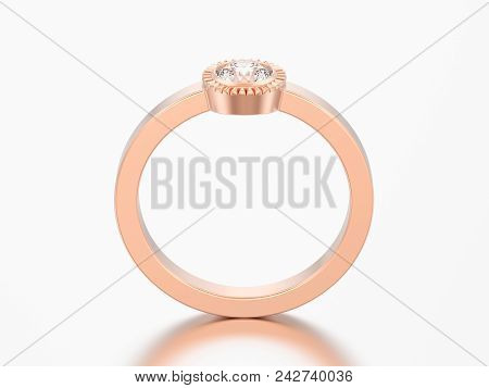 3D illustration rose gold wedding solitaire round diamond bezel ring on a grey background