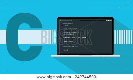 C Sharp Programming Language With Laptop And Code Script On Screen Vector Illustration