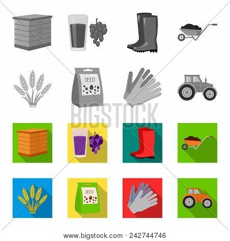 Spikelets Of Wheat, A Packet Of Seeds, A Tractor, Gloves.farm Set Collection Icons In Monochrome, Fl