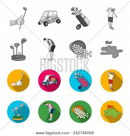 Stand For A Golf Club, Muzhchin Playing With A Club, Basket With Balls, Label With A Flag On The Gol