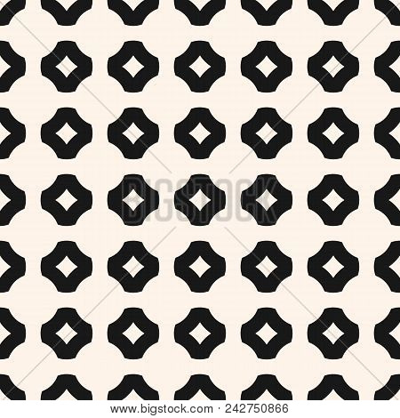 Black And White Geometric Seamless Pattern. Simple Ornamental Texture With Floral Shapes, Crosses. A