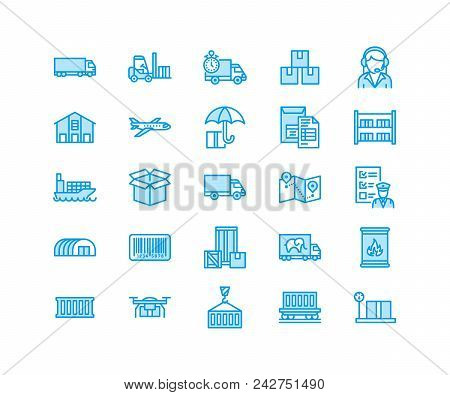 Cargo Transportation Flat Line Icons Trucking, Express Delivery, Logistics, Shipping, Customs Cleara