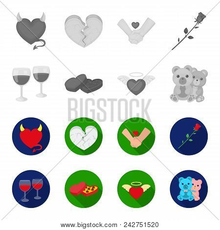 Glasses With Wine, Chocolate Hearts, Bears, Valentine.romantik Set Collection Icons In Monochrome, F