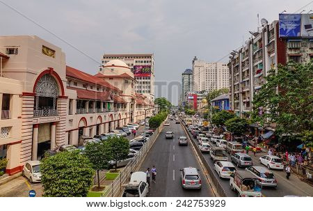Yangon, Myanmar - Feb 26, 2016. Bogyoke Market With Sule Boulevard In Yangon, Myanmar. Yangon Served