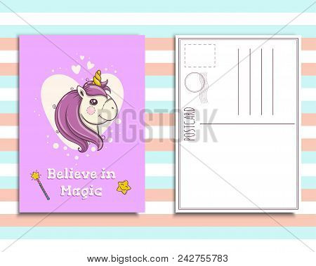 Postcard Invitation Template With Cute Unicorn Portrait, Believe In Magic