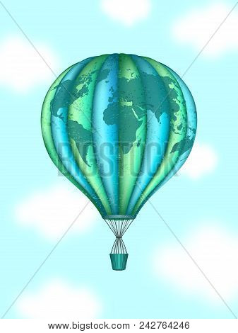 Vector Conceptual Art Of Hot Air Balloon With World Map. Concept Of Travel Around World