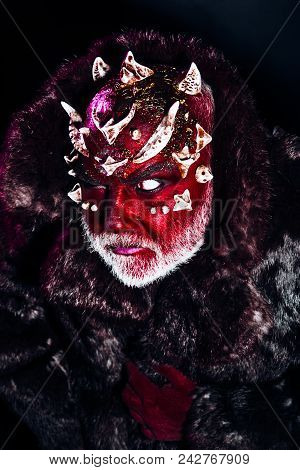 Senior Man With White Beard Dressed Like Monster. Alien, Demon, Sorcerer Makeup. Evil Concept. Man W